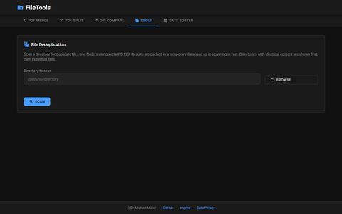 Dedup tab with a field for the directory to scan and a scan button