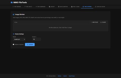 Image Shrinker tab with a file list and resize settings by percentage