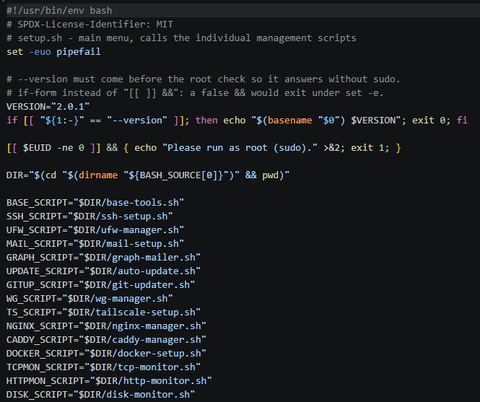 Source of setup.sh in an editor: shebang, SPDX licence line, strict mode and the paths of the individual management scripts