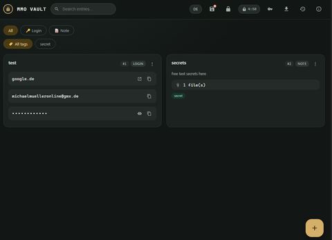Main view of MMO Vault with a search field, filter row and two entries — a login entry and a note