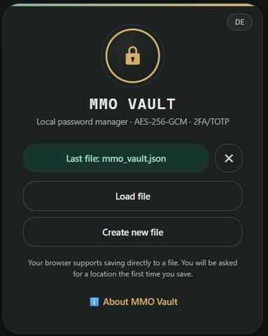 Start screen of MMO Vault with a padlock icon and the buttons „Load file“ and „Create new file“
