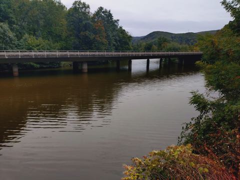 Ruhiges Wasser eines Weihers, darüber eine Straßenbrücke auf Betonpfeilern, dahinter bewaldete Hügel