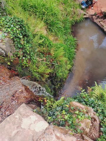 Gemauerter Wasserlauf aus Sandstein, in dem Wasser über bemooste Steine fließt