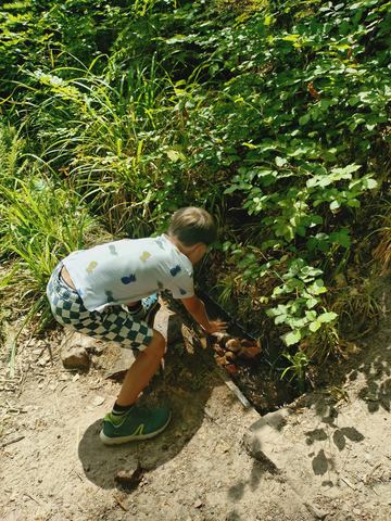 Kind steht über den Wasserlauf gebeugt und greift ins Wasser