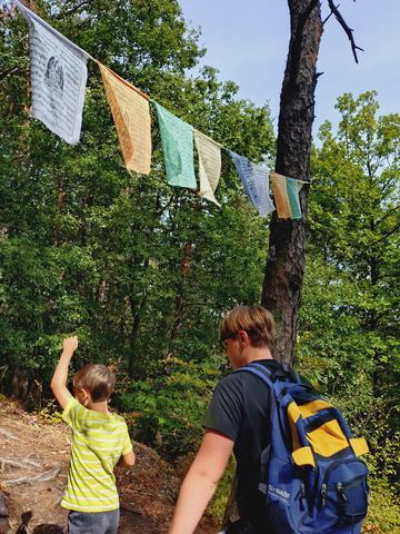 Bunte Gebetsfahnen hängen an einer Leine quer über einen Waldpfad