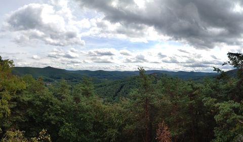 Weiter Blick vom Kühhungerfels über die bewaldeten Hügel des Wasgaus unter einem bewegten Wolkenhimmel