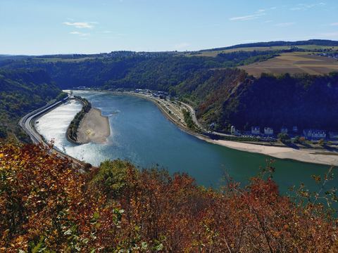 Weiter Blick über die Rheinschleife mit türkisgrünem Wasser, hellen Uferstreifen und einem Ort am gegenüberliegenden Hang